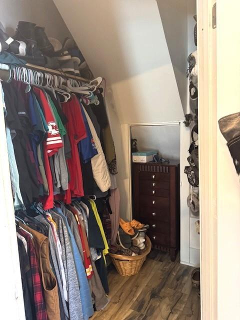 walk in closet featuring wood finished floors and lofted ceiling