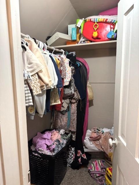 spacious closet with vaulted ceiling and carpet flooring