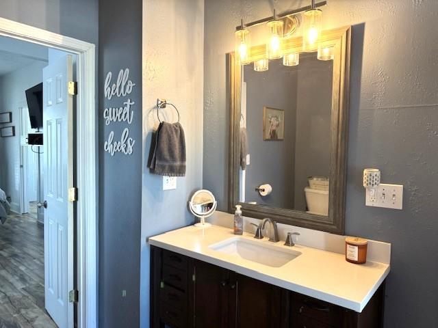 bathroom featuring wood finished floors, vanity, and a textured wall