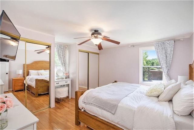 7408 Ash St, Prairie Village, KS 66208 - bedroom with two closets, light wood-type flooring, and ceiling fan