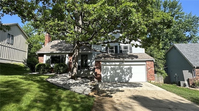 view of front facade featuring brick siding, concrete driveway, a front lawn, a garage, and a chimney