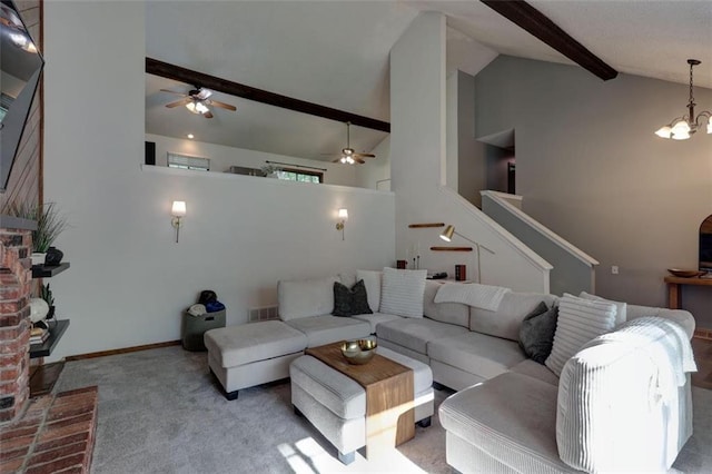 living room with ceiling fan, stairway, high vaulted ceiling, beam ceiling, and a chandelier