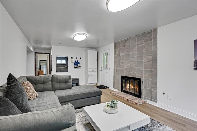 living area with wood finished floors, a fireplace, and baseboards