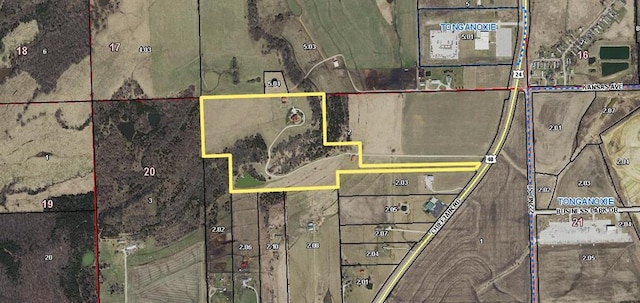 aerial overview of property's location featuring property parcel outlined