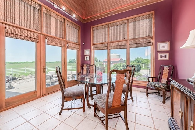 dining room with a towering ceiling, light tile patterned flooring, and plenty of natural light