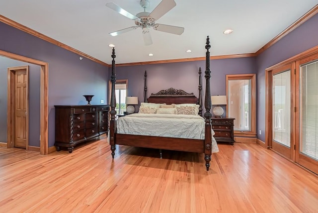 bedroom featuring baseboards, light wood finished floors, crown molding, recessed lighting, and a ceiling fan