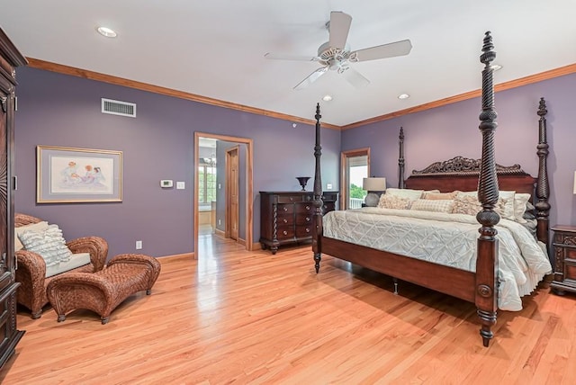 bedroom with ornamental molding, light wood finished floors, baseboards, recessed lighting, and ceiling fan