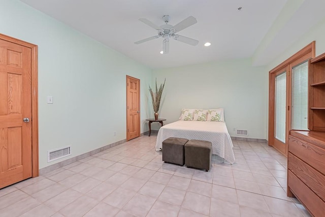 bedroom featuring light tile patterned flooring, recessed lighting, a ceiling fan, and baseboards