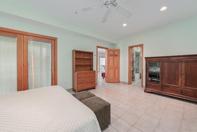 bedroom with recessed lighting, baseboards, light tile patterned floors, a spacious closet, and a ceiling fan