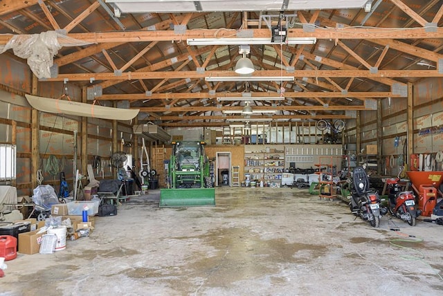 garage with a workshop area