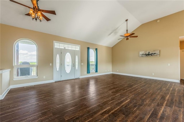 23780 Moberly Rd, Polo, MO 64671 - unfurnished living room with a ceiling fan, lofted ceiling, wood finished floors, and baseboards