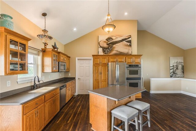 23780 Moberly Rd, Polo, MO 64671 - kitchen with appliances with stainless steel finishes, a sink, dark wood-style floors, glass insert cabinets, and recessed lighting