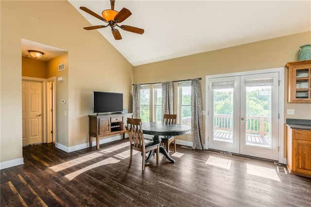 23780 Moberly Rd, Polo, MO 64671 - dining space featuring high vaulted ceiling, french doors, plenty of natural light, dark wood finished floors, and a ceiling fan