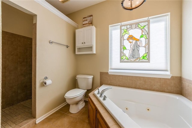 23780 Moberly Rd, Polo, MO 64671 - bathroom featuring toilet, a whirlpool tub, a tile shower, tile patterned floors, and baseboards