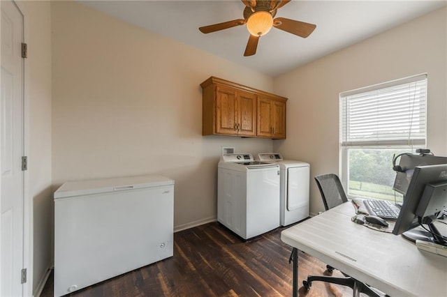 23780 Moberly Rd, Polo, MO 64671 - laundry area with cabinet space, independent washer and dryer, ceiling fan, dark wood-style flooring, and a desk