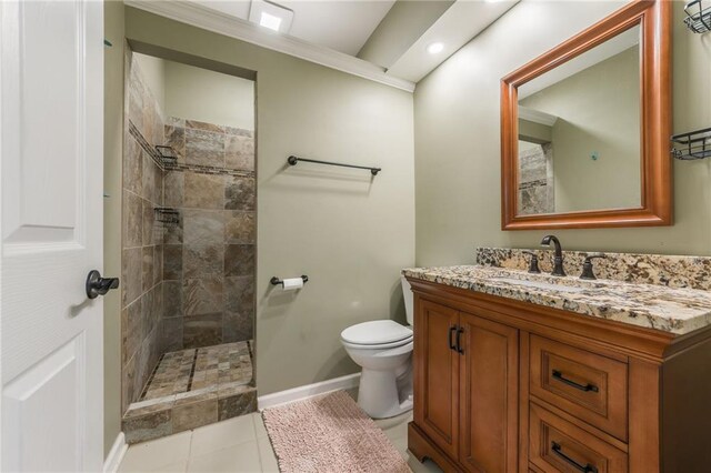 23780 Moberly Rd, Polo, MO 64671 - bathroom featuring baseboards, a tile shower, toilet, vanity, and tile patterned floors