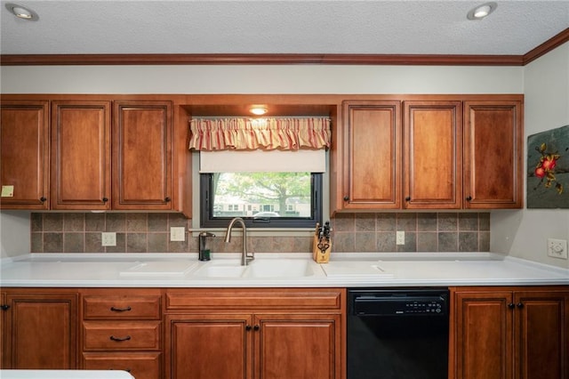 kitchen featuring dishwasher, a textured ceiling, brown cabinetry, light countertops, and tasteful backsplash