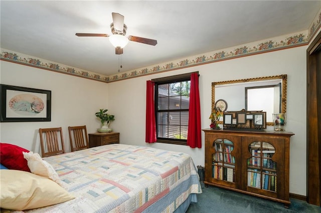 bedroom with carpet flooring and a ceiling fan