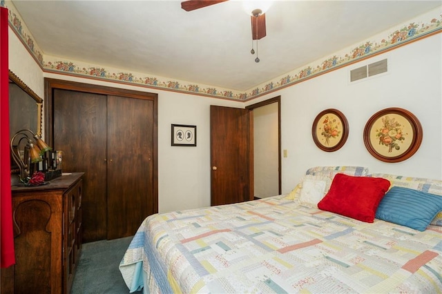 bedroom featuring a closet, carpet flooring, and ceiling fan