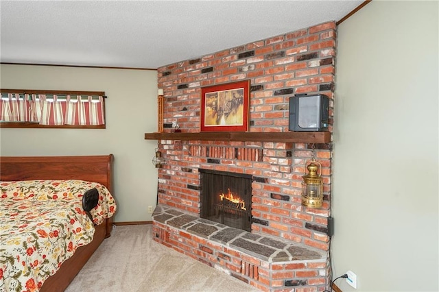 carpeted bedroom with a brick fireplace, baseboards, and ornamental molding
