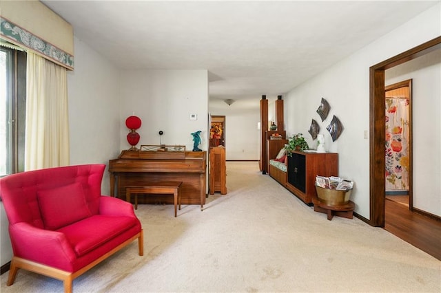 living area featuring carpet and baseboards