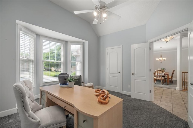 14393 S Cody St, Olathe, KS 66062 - office featuring a chandelier, a ceiling fan, lofted ceiling, baseboards, and carpet