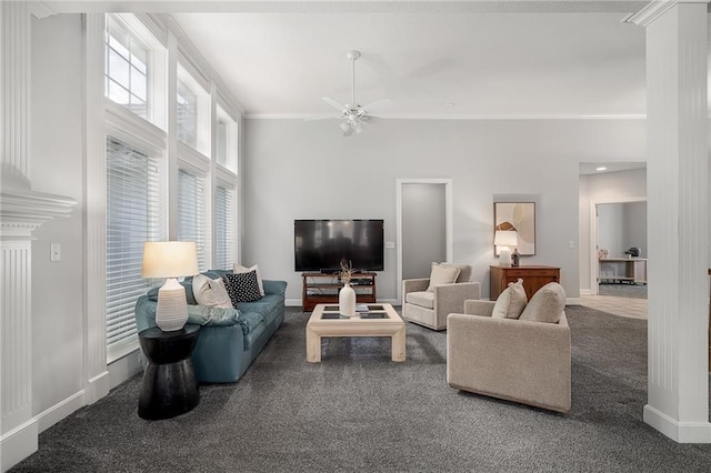 14393 S Cody St, Olathe, KS 66062 - living area with carpet, baseboards, ceiling fan, and ornamental molding