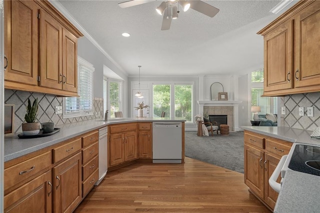 14393 S Cody St, Olathe, KS 66062 - kitchen featuring white dishwasher, a sink, a ceiling fan, a peninsula, and light wood-type flooring