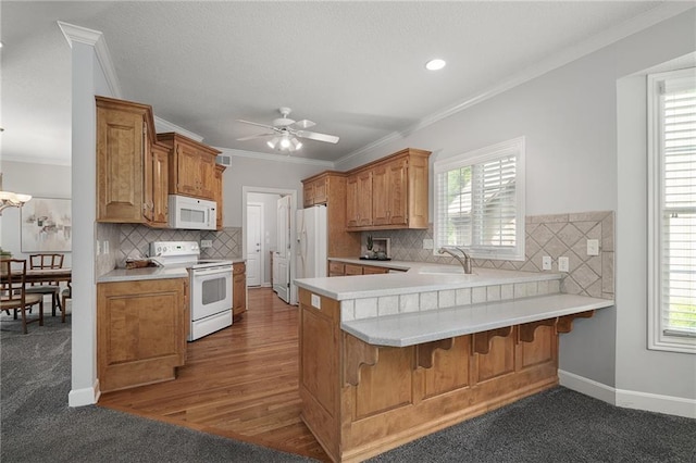 14393 S Cody St, Olathe, KS 66062 - kitchen with white appliances, a sink, a peninsula, crown molding, and plenty of natural light