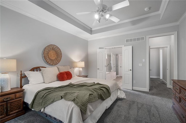 14393 S Cody St, Olathe, KS 66062 - carpeted bedroom featuring a raised ceiling, crown molding, ensuite bathroom, baseboards, and ceiling fan
