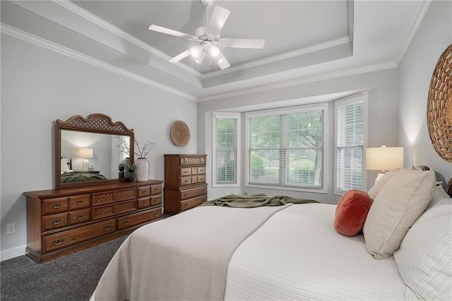 14393 S Cody St, Olathe, KS 66062 - bedroom with a tray ceiling, a ceiling fan, carpet floors, and crown molding