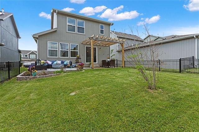 1405 Newport Ln, Raymore, MO 64083 - back of property featuring an outdoor hangout area, a pergola, and a patio