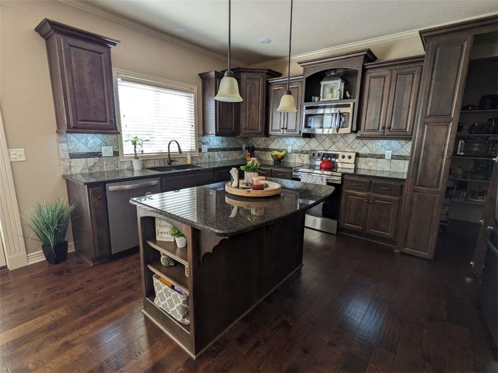 1521 SW Whistle Dr, Lees Summit, MO 64082 - kitchen with open shelves, stainless steel appliances, a sink, dark brown cabinets, and dark wood-type flooring