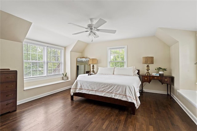 6843 Locust St, Kansas City, MO 64131 - bedroom featuring vaulted ceiling, wood finished floors, baseboards, and ceiling fan