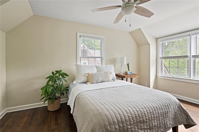 6843 Locust St, Kansas City, MO 64131 - bedroom featuring lofted ceiling, baseboards, wood finished floors, and ceiling fan