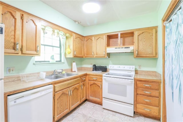 1175 SW State Route 58th Hwy, Holden, MO 64040 - kitchen with white appliances, under cabinet range hood, a sink, light countertops, and open shelves