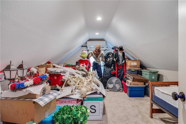 4000 S Buckner Tarsney Rd, Grain Valley, MO 64029 - additional living space with vaulted ceiling, carpet floors, a textured ceiling, and recessed lighting