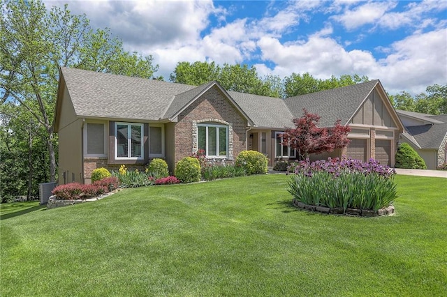 1407 SW Meyer Blvd, Blue Springs, MO 64015 - view of front of property featuring brick siding, an attached garage, a front yard, a shingled roof, and concrete driveway
