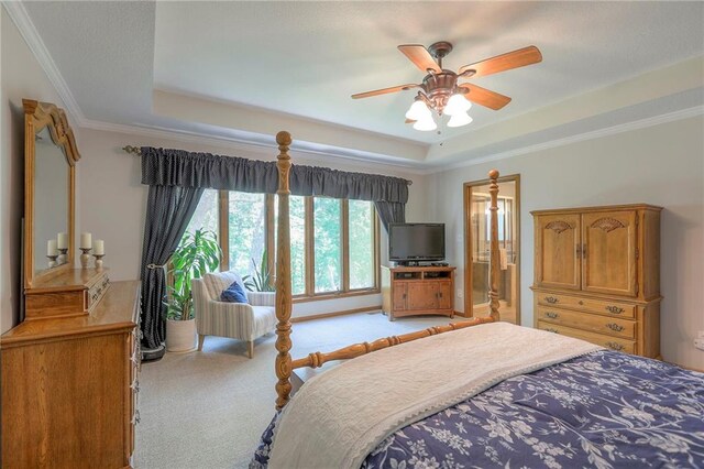 1407 SW Meyer Blvd, Blue Springs, MO 64015 - carpeted bedroom featuring a raised ceiling, crown molding, a ceiling fan, and ensuite bath