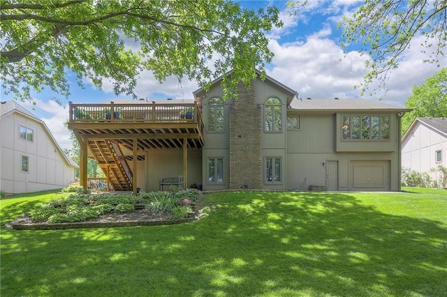 1407 SW Meyer Blvd, Blue Springs, MO 64015 - back of property featuring a wooden deck, stairway, a yard, and a garage