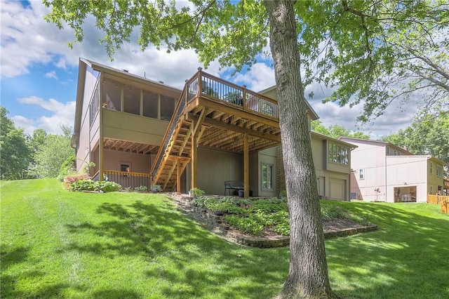 1407 SW Meyer Blvd, Blue Springs, MO 64015 - rear view of property with a wooden deck, a yard, and stairs