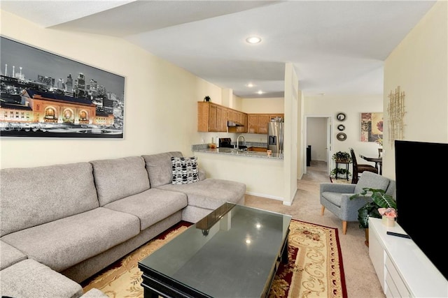 1201 N Mart-Way Dr Unit 109, Olathe, KS 66061 - living area with light colored carpet, lofted ceiling, and recessed lighting