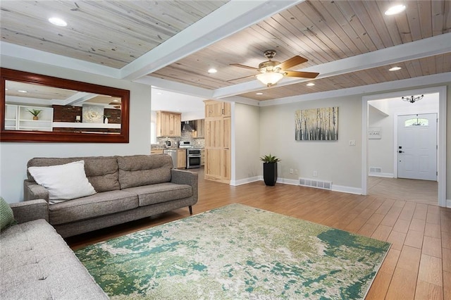 10234 Monrovia St, Lenexa, KS 66215 - living area with light wood-style floors, recessed lighting, a ceiling fan, baseboards, and wood ceiling with exposed beams