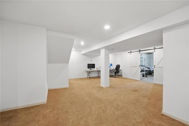 1605 NW Primrose Ln, Blue Springs, MO 64015 - below grade area featuring carpet, recessed lighting, a desk, and a barn door