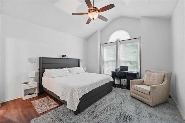 1605 NW Primrose Ln, Blue Springs, MO 64015 - bedroom with vaulted ceiling, wood finished floors, ceiling fan, and an office area