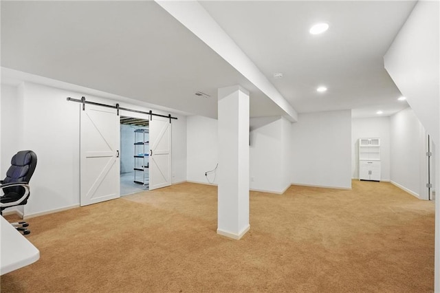 1605 NW Primrose Ln, Blue Springs, MO 64015 - unfurnished office with light carpet, a barn door, and recessed lighting