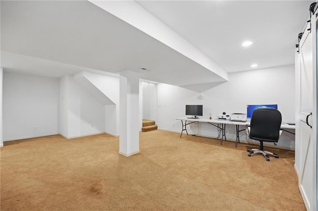 1605 NW Primrose Ln, Blue Springs, MO 64015 - office space with light colored carpet, recessed lighting, and a barn door