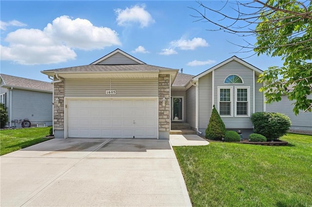 1605 NW Primrose Ln, Blue Springs, MO 64015 - single story home with concrete driveway, a garage, a front lawn, and stone siding