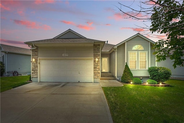 1605 NW Primrose Ln, Blue Springs, MO 64015 - single story home with concrete driveway, a garage, stone siding, and a front yard