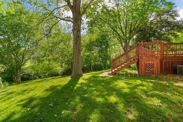 5004 S Kendall Dr, Independence, MO 64055 - view of grassy yard with stairs and a wooden deck